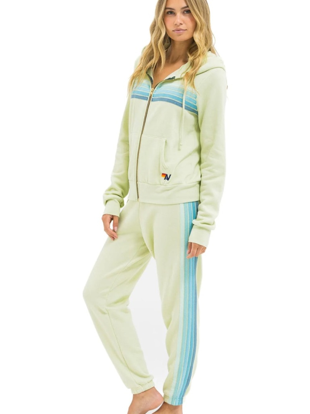 Aviator Nation Lime Green Zip Hoodie & Striped Track Pants